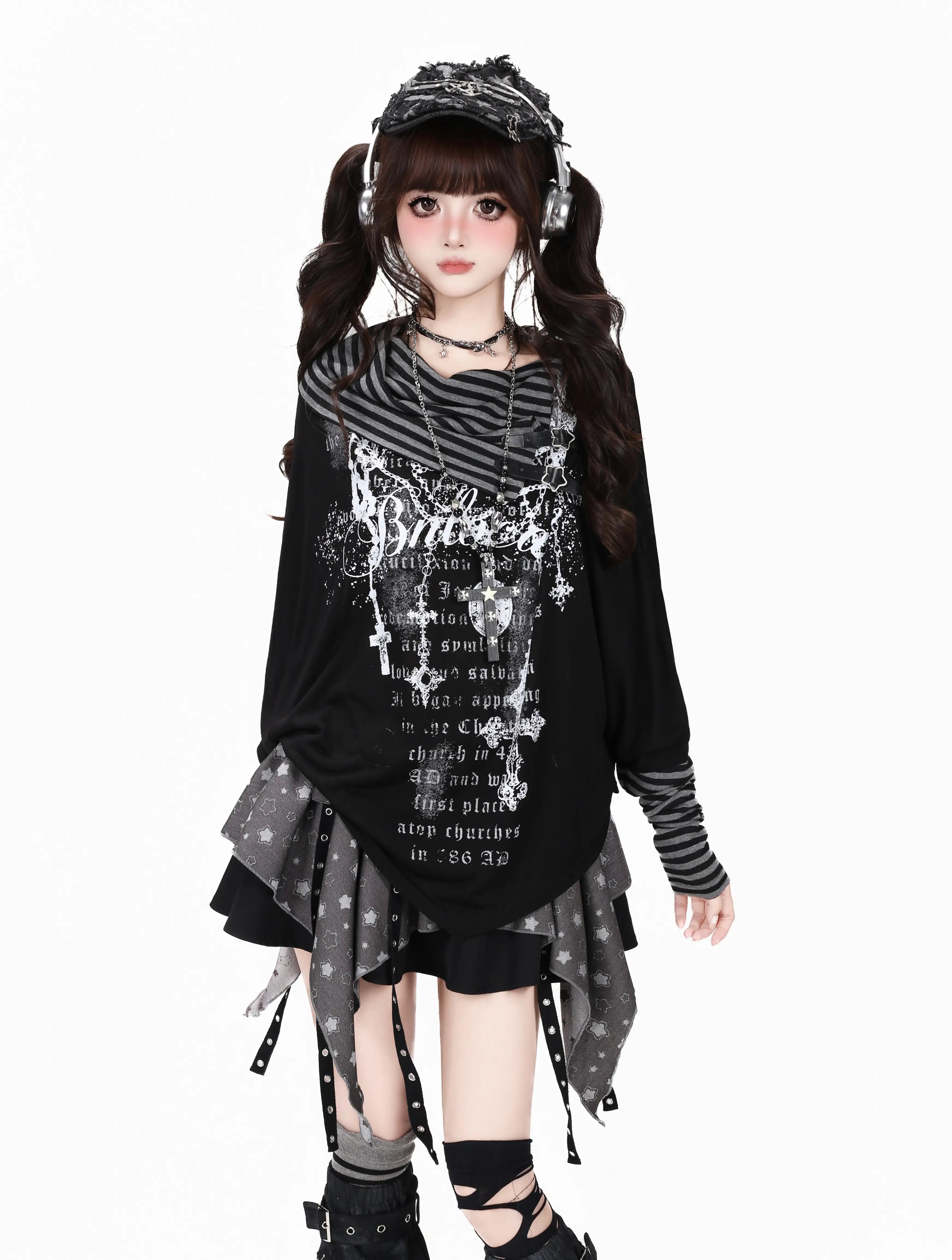 Gothic Stripe Layered Long Sleeve T Shirt oliviroa オリヴィオラ