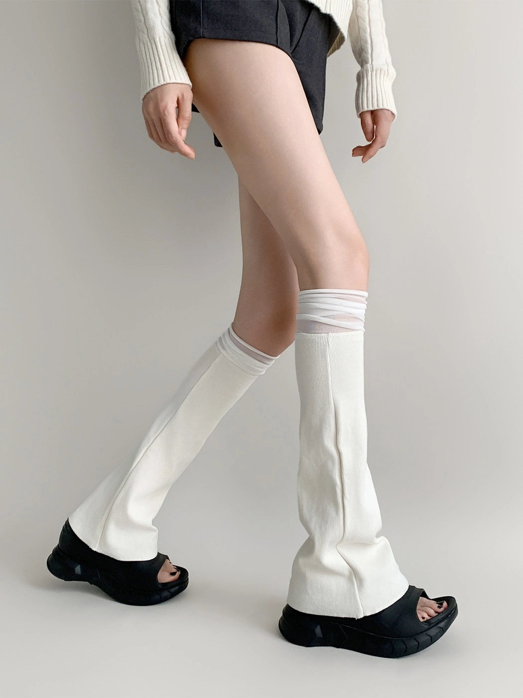 White Mesh Panel Flared Leg Warmers OLA062