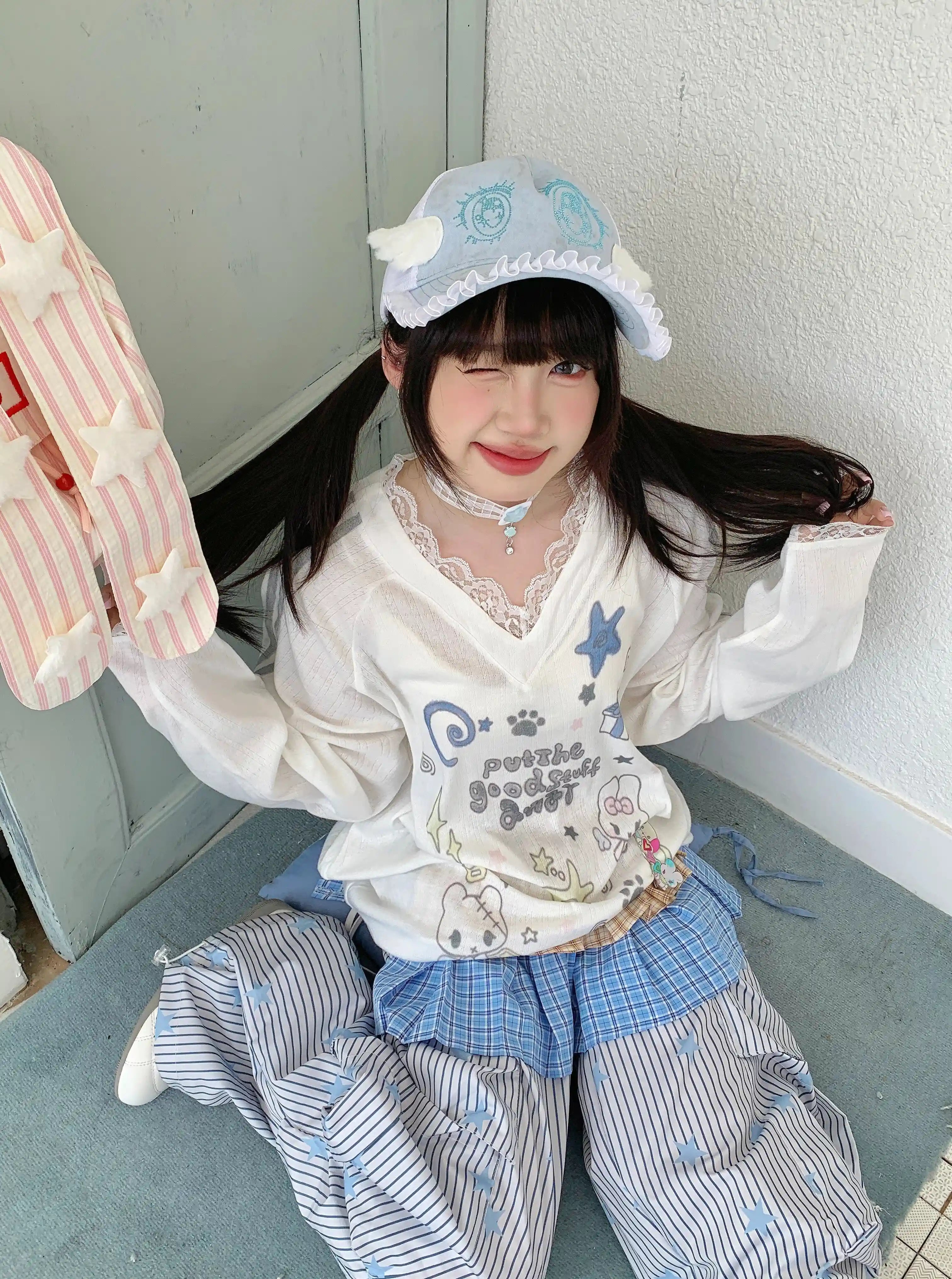 Cute Cartoon Lace V-Neck Long Sleeve Tee OL2279