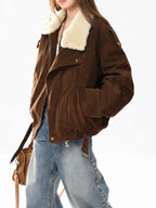 Faux-Suede Parka Jacket with Plush Collar   OL1987
