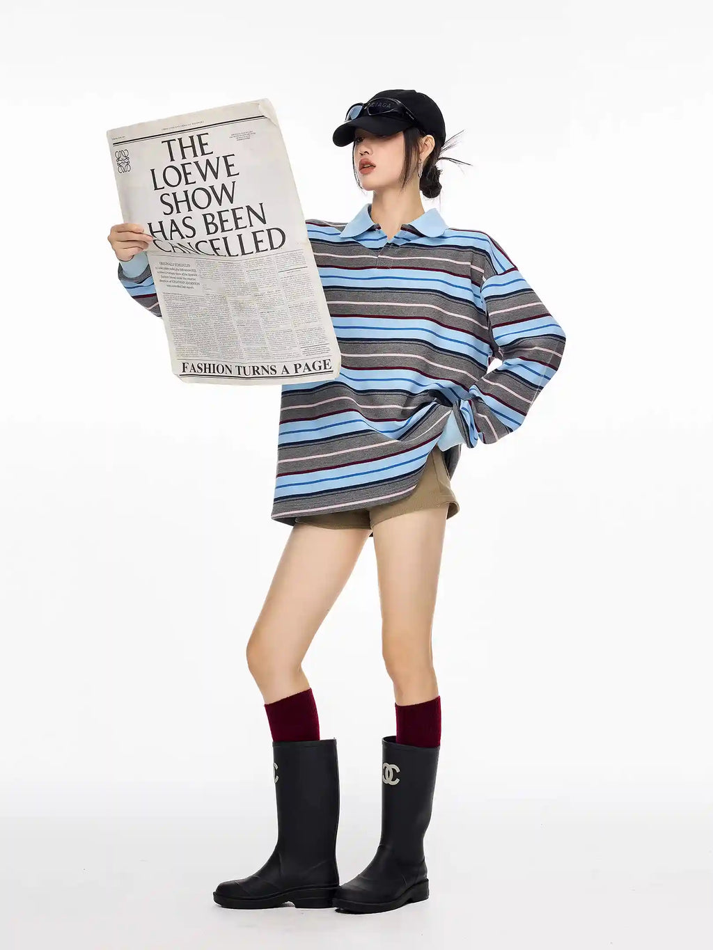 Striped Long Sleeve Polo Top with Contrast Panels   OL1993