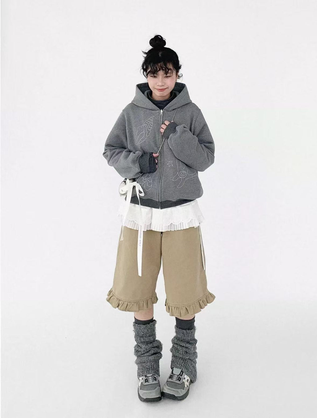 Minimal Embroidered Hooded Zip Cardigan   OL2119