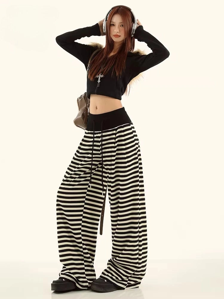 Striped High Waist Drawstring Wide Leg Lounge Pants   OL2228