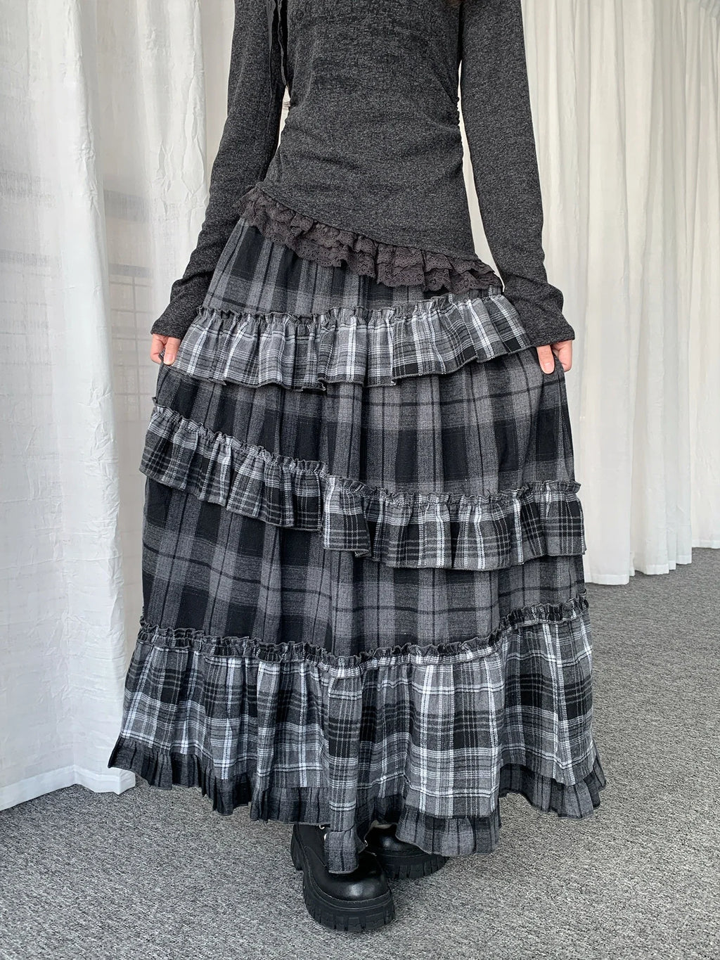 Asymmetrical Plaid Ruffle Skirt OL2437