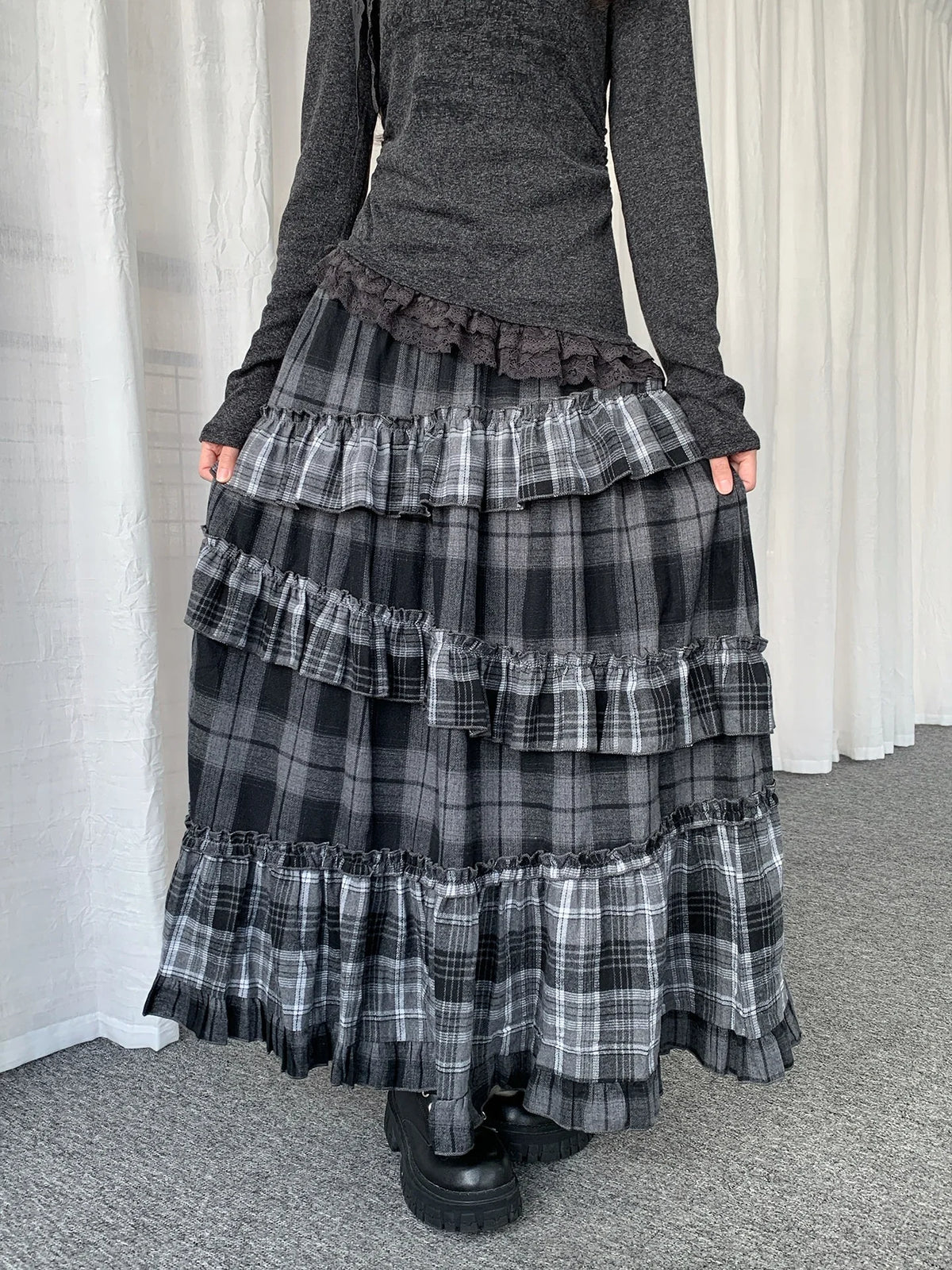 Asymmetrical Plaid Ruffle Skirt OL2437