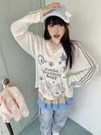 Cute Cartoon Lace V-Neck Long Sleeve Tee oliviroa オリヴィオラ