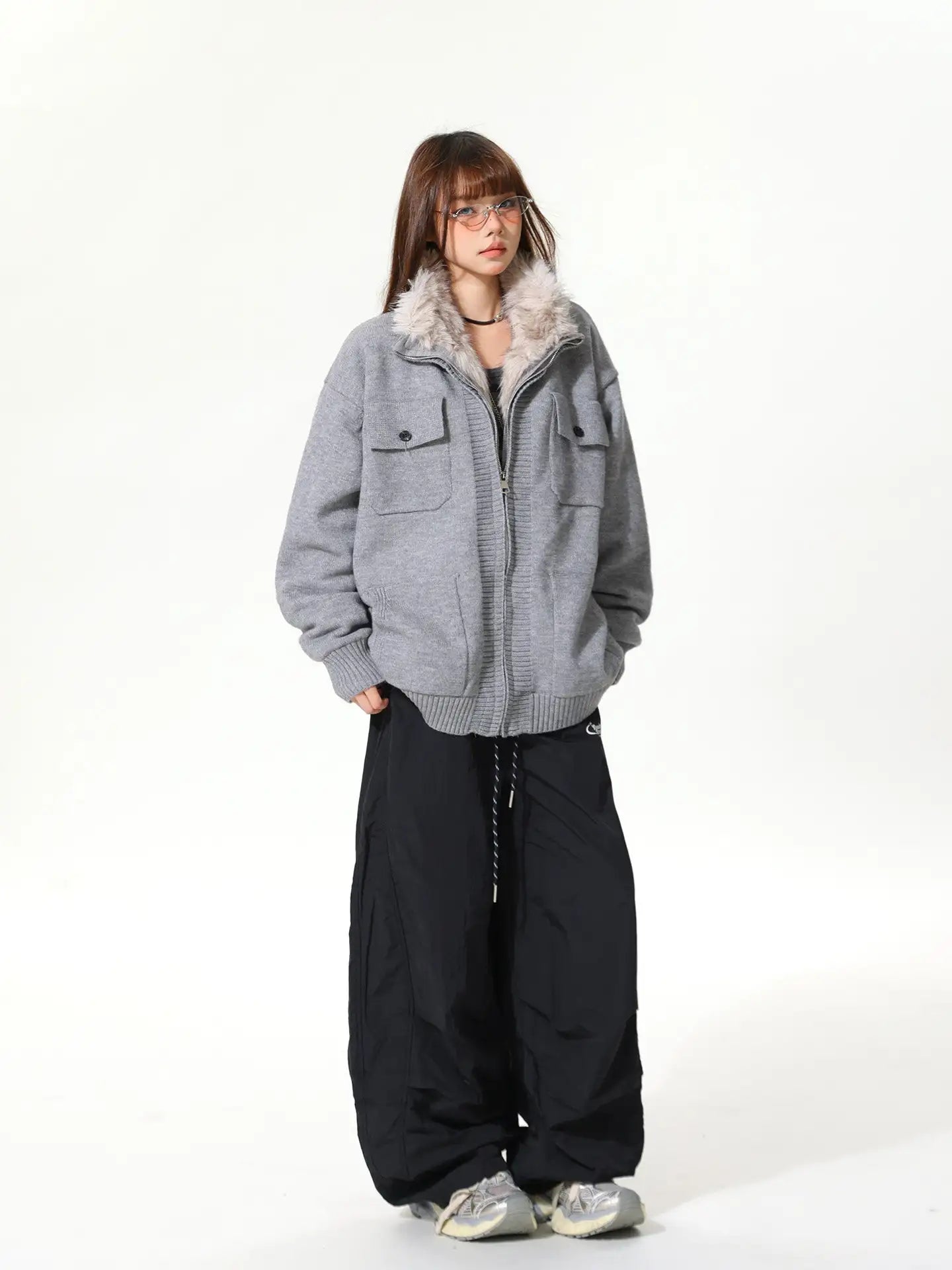 Premium Faux Fur Collar Loose Cardigan  OL2226