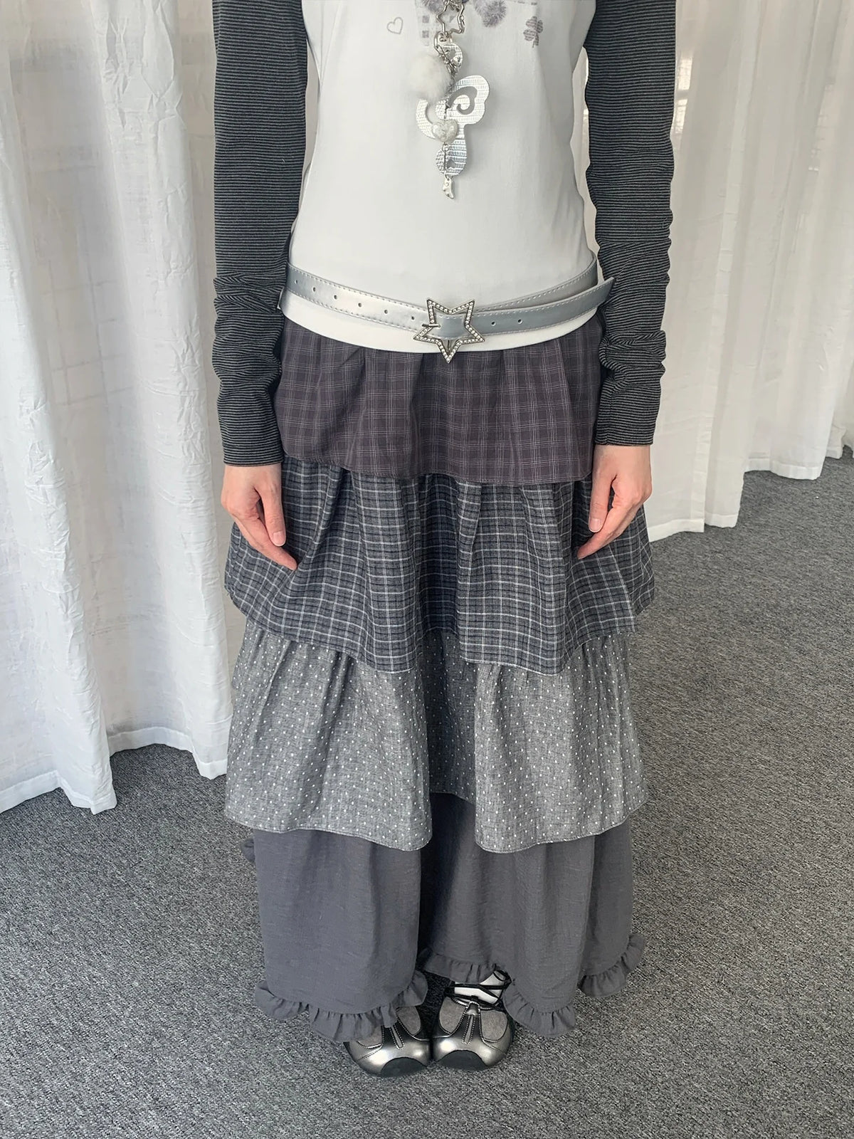 Polka Dot Plaid Tiered Maxi Skirt OL2438