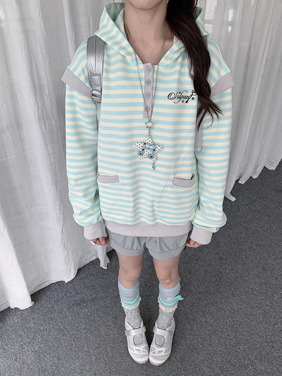Striped Layered Half Zip Hoodie OL2434