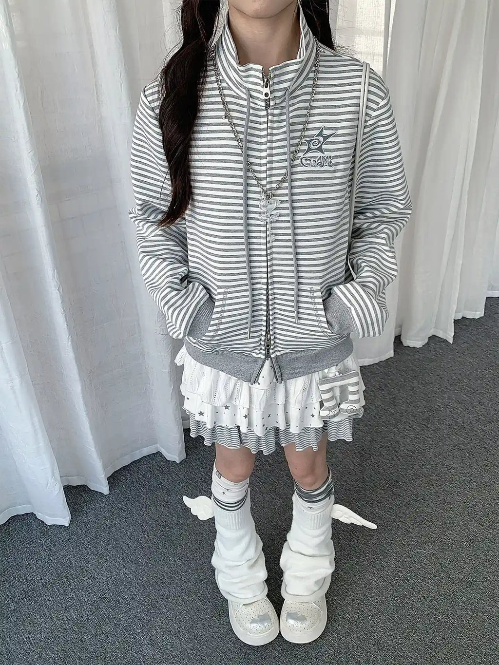 Y2K Striped Double Zip Stand Collar Hoodie   OL2237