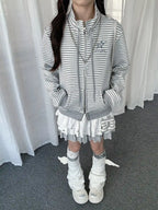 Y2K Striped Double Zip Stand Collar Hoodie   OL2237