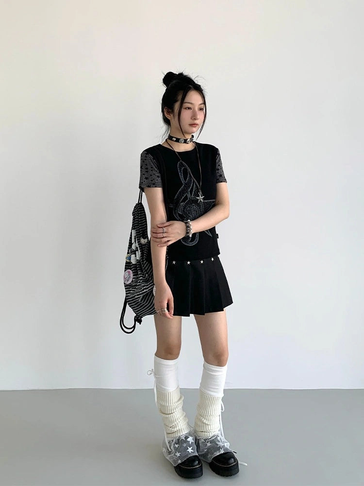 Star Stud Pleated Skirt OL2303