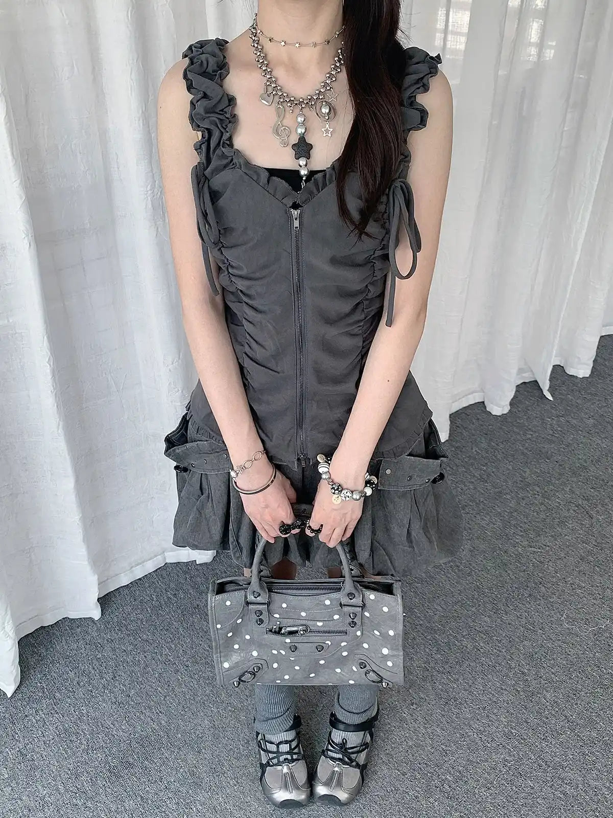 Ruffled Tie Double Zipper Vest OL2283