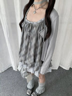 Gingham Lace Frill Cami Dress Y2K oliviroa オリヴィオラ