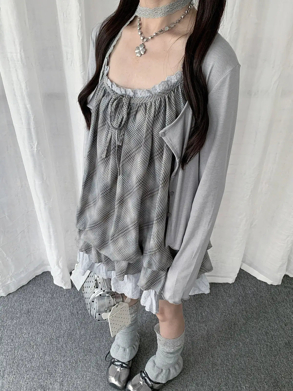 Gingham Lace Frill Cami Dress Y2K oliviroa オリヴィオラ