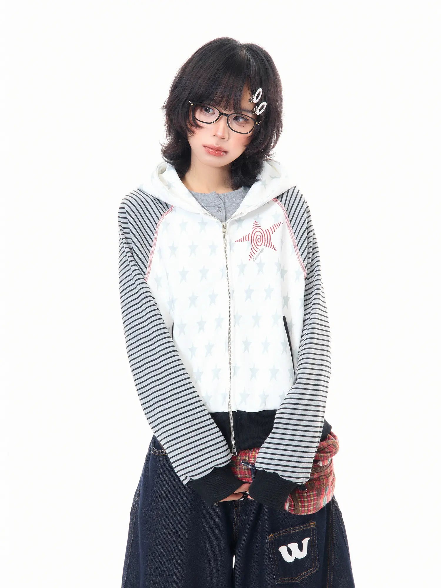 Star Embroidered Stripe Cropped Hoodie oliviroa オリヴィオラ