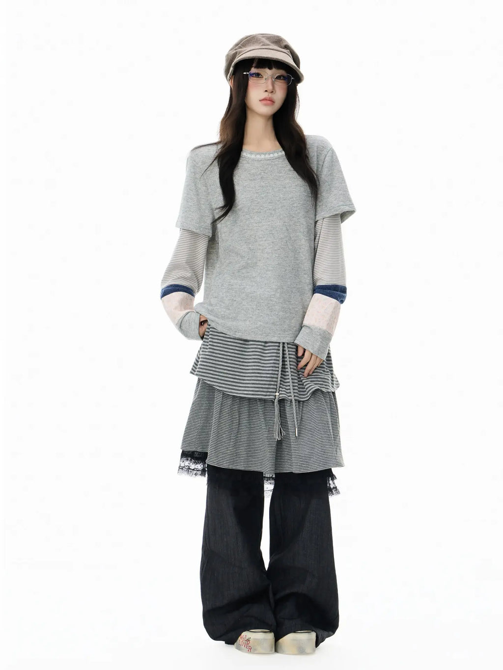 Grey Lace Patchwork Layered Long Sleeve Tee OL2405