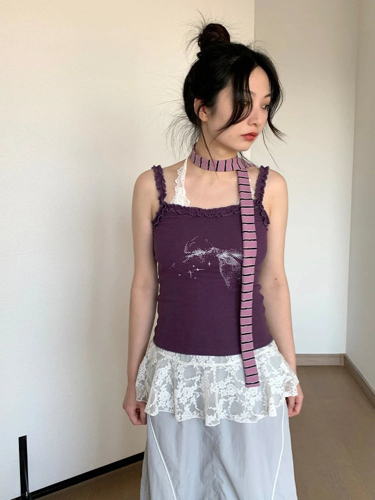 Bow Print Lace Knit Cami Top OL2300