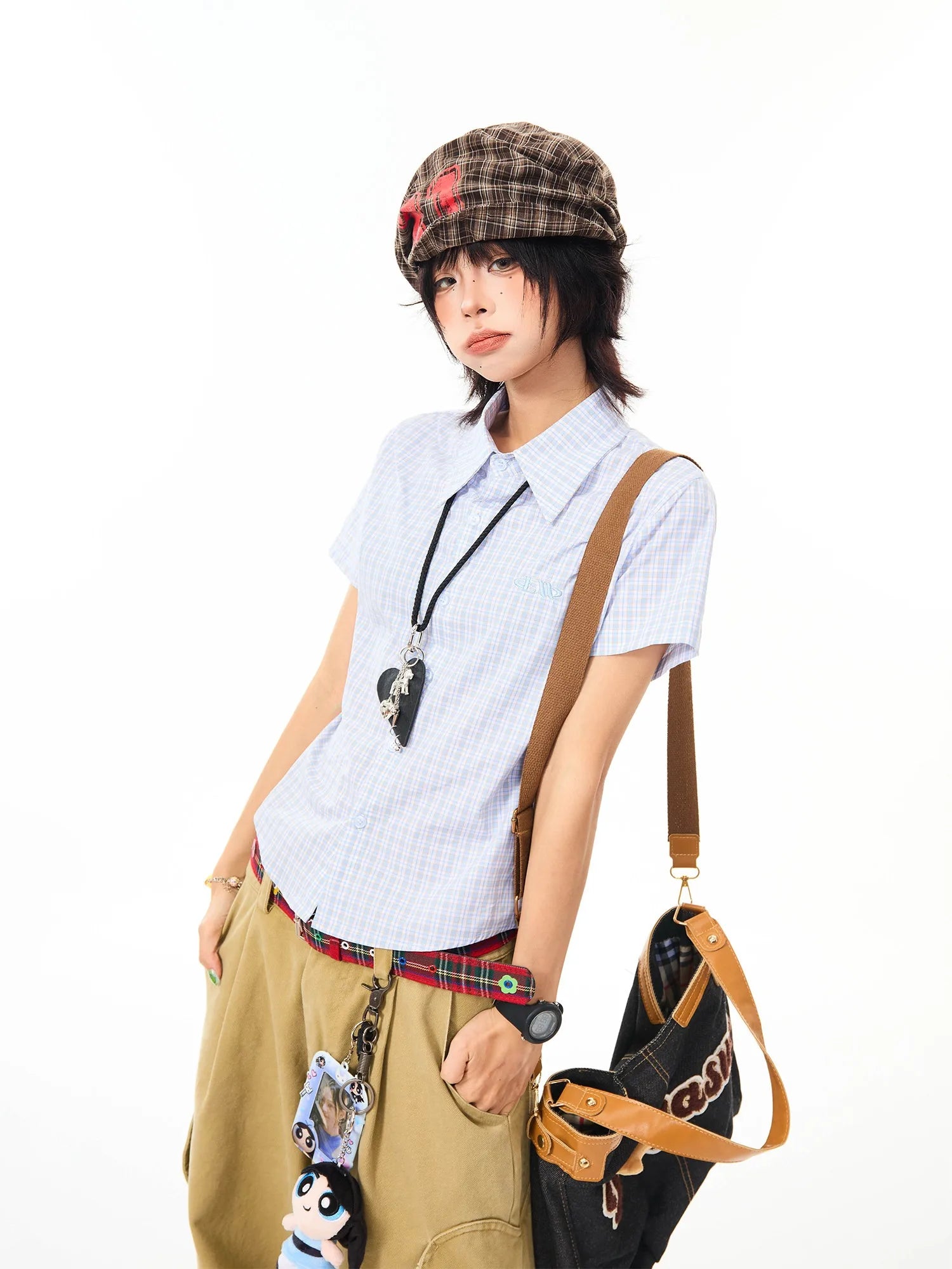 Vintage Embroidered Plaid Relaxed Fit Shirt OL2269