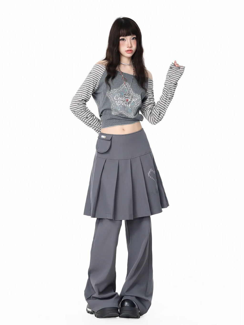 Pleated Skirt Layered Flare Pants OL2412