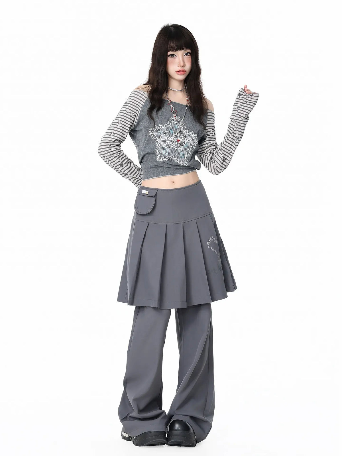 Pleated Skirt Layered Flare Pants OL2412