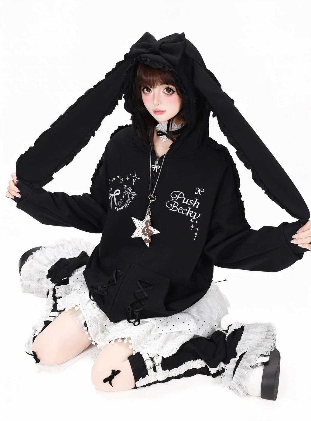 Lace Bunny Ear Bow Hooded Jacket OL2396