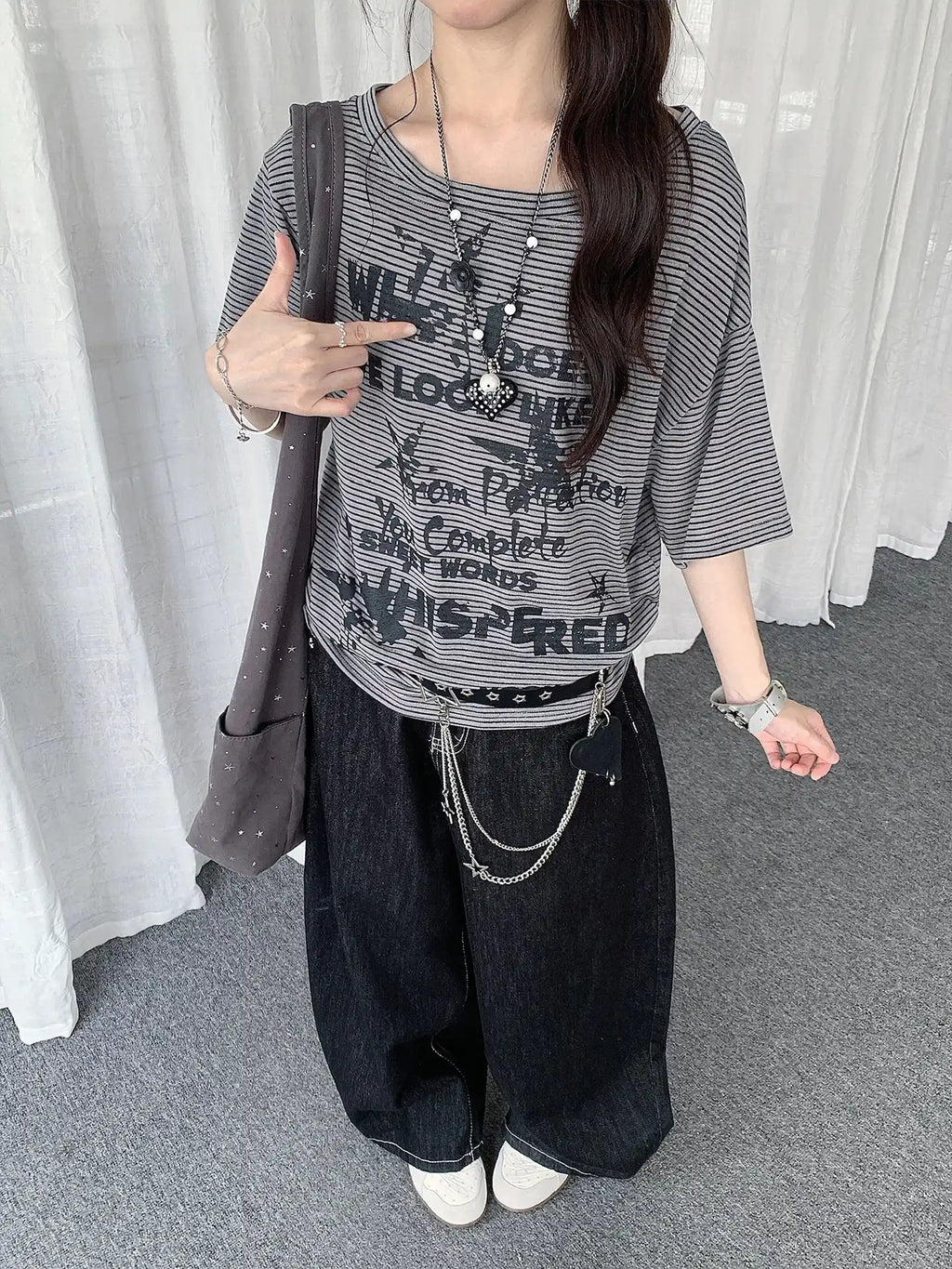 Vintage Stripe Drawstring Shoulder T-Shirt oliviroa オリヴィオラ