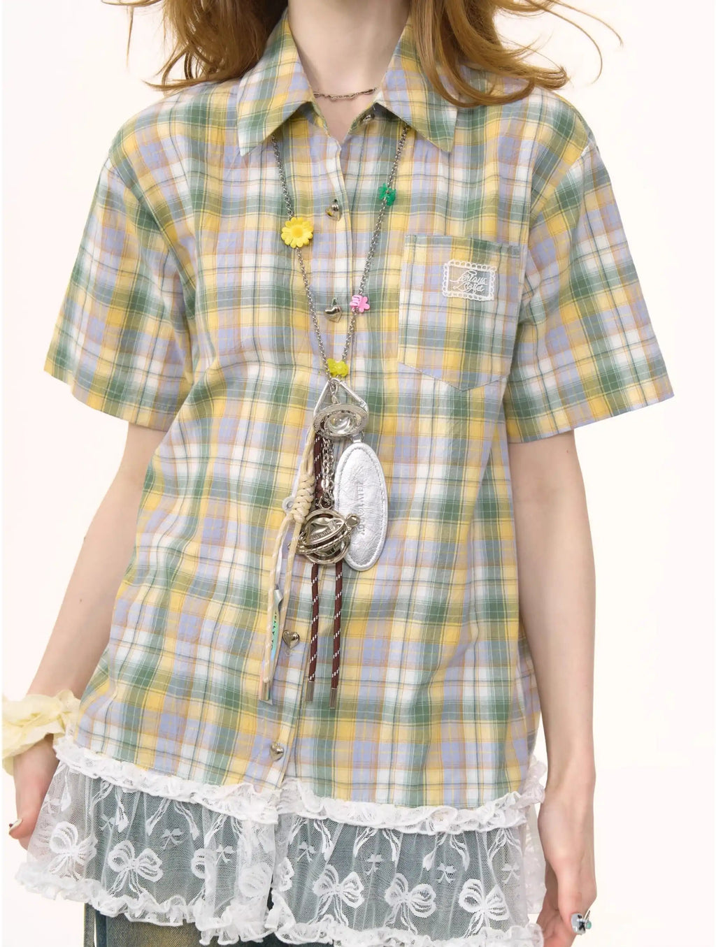 Plaid Lace Patchwork Short Sleeve Shirt OL2261