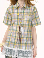 Plaid Lace Patchwork Short Sleeve Shirt OL2261
