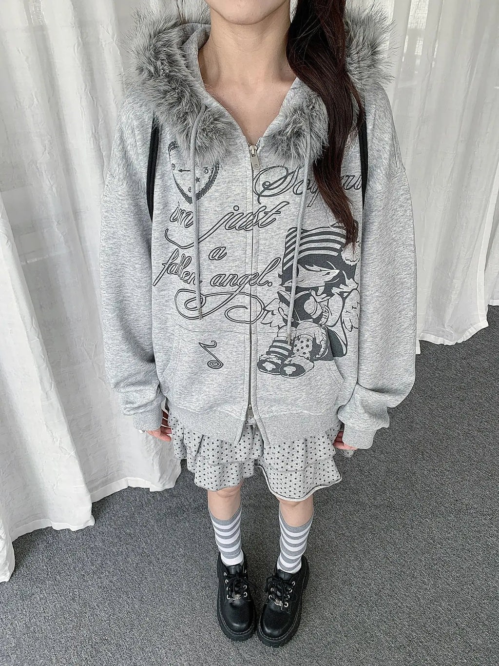 Girl Graphic Fur Collar Hoodie Cardigan oliviroa オリヴィオラ