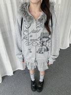 Girl Graphic Fur Collar Hoodie Cardigan oliviroa オリヴィオラ