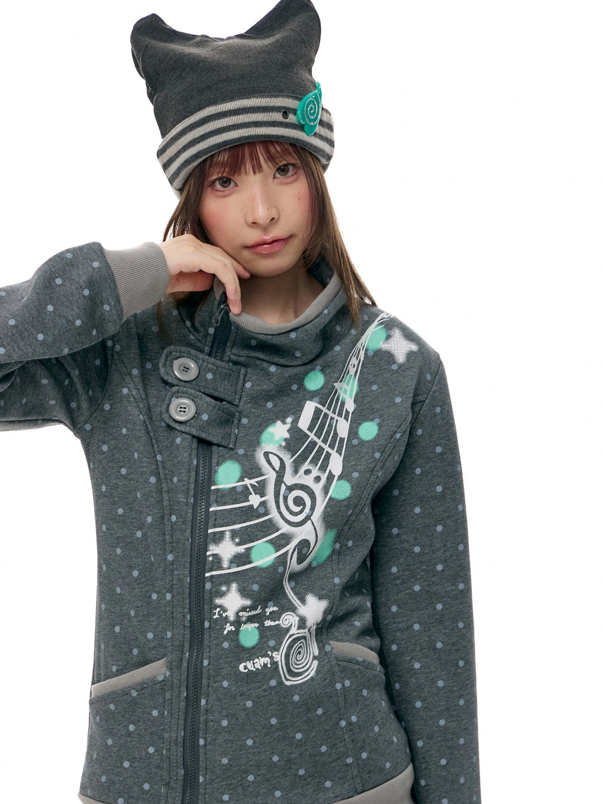 Music Note Polka Dot Stand Collar Zip Jacket OL2476