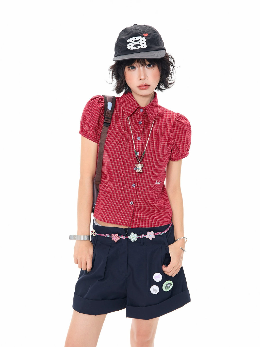 Blue Gingham Puff Sleeve Crop Shirt OL2319