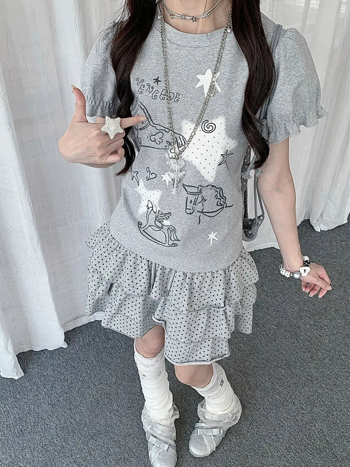 Horse Print Puff Sleeve Slim Fit Tee Y2K OL2328