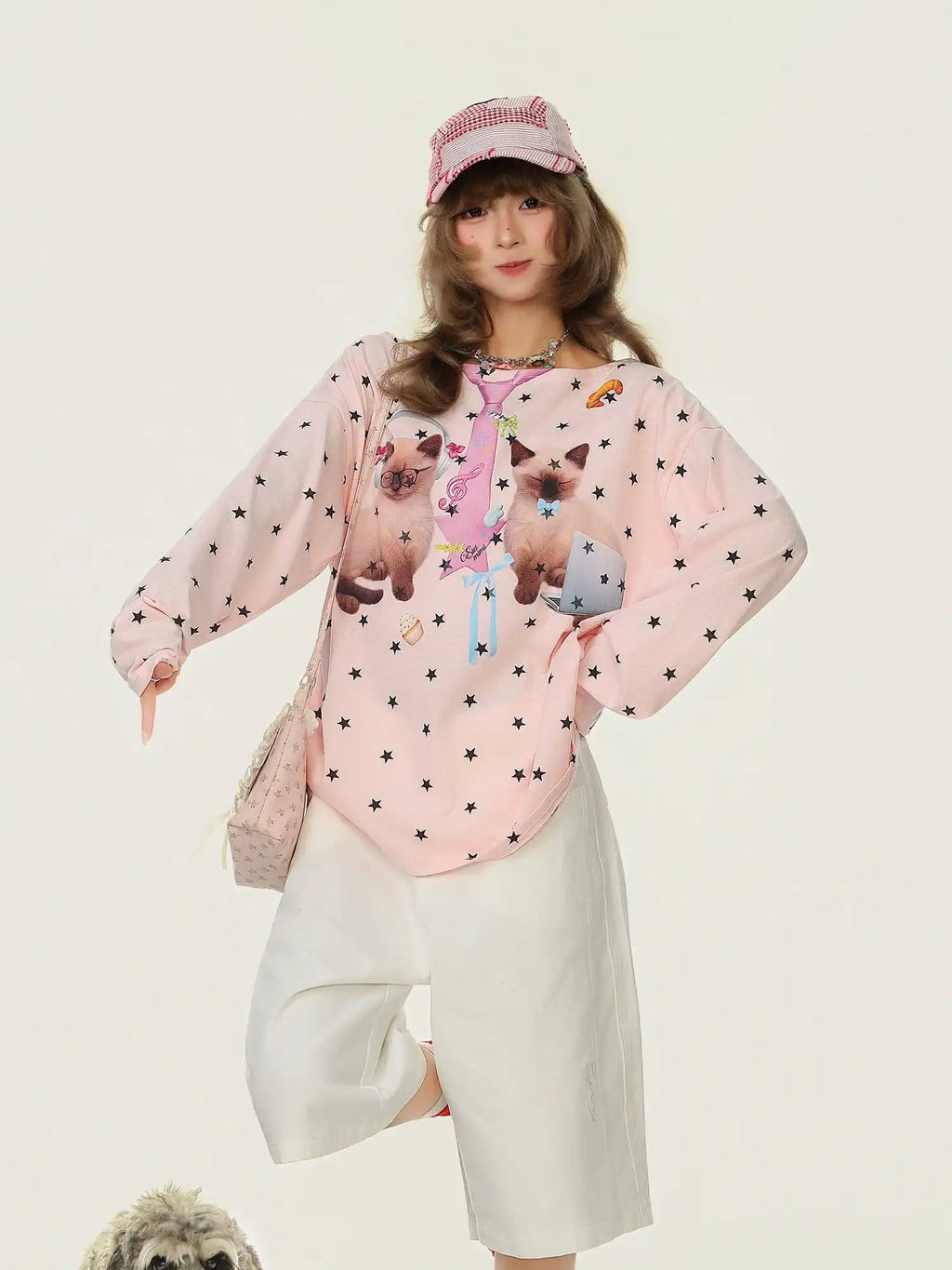 Cat Star Print Off Shoulder Long Sleeve Top oliviroa オリヴィオラ