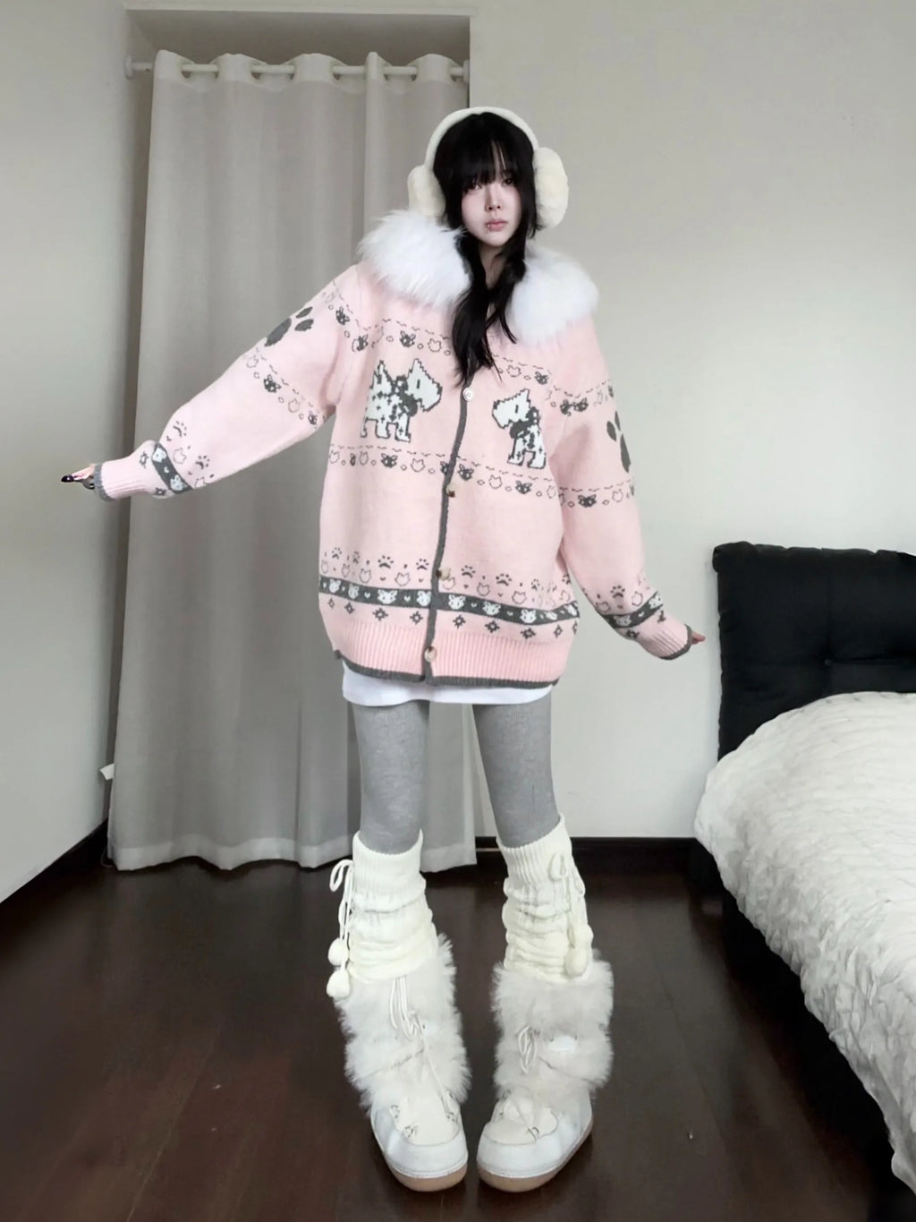 Puppy Fur Trim Hooded Knit Cardigan OL2446