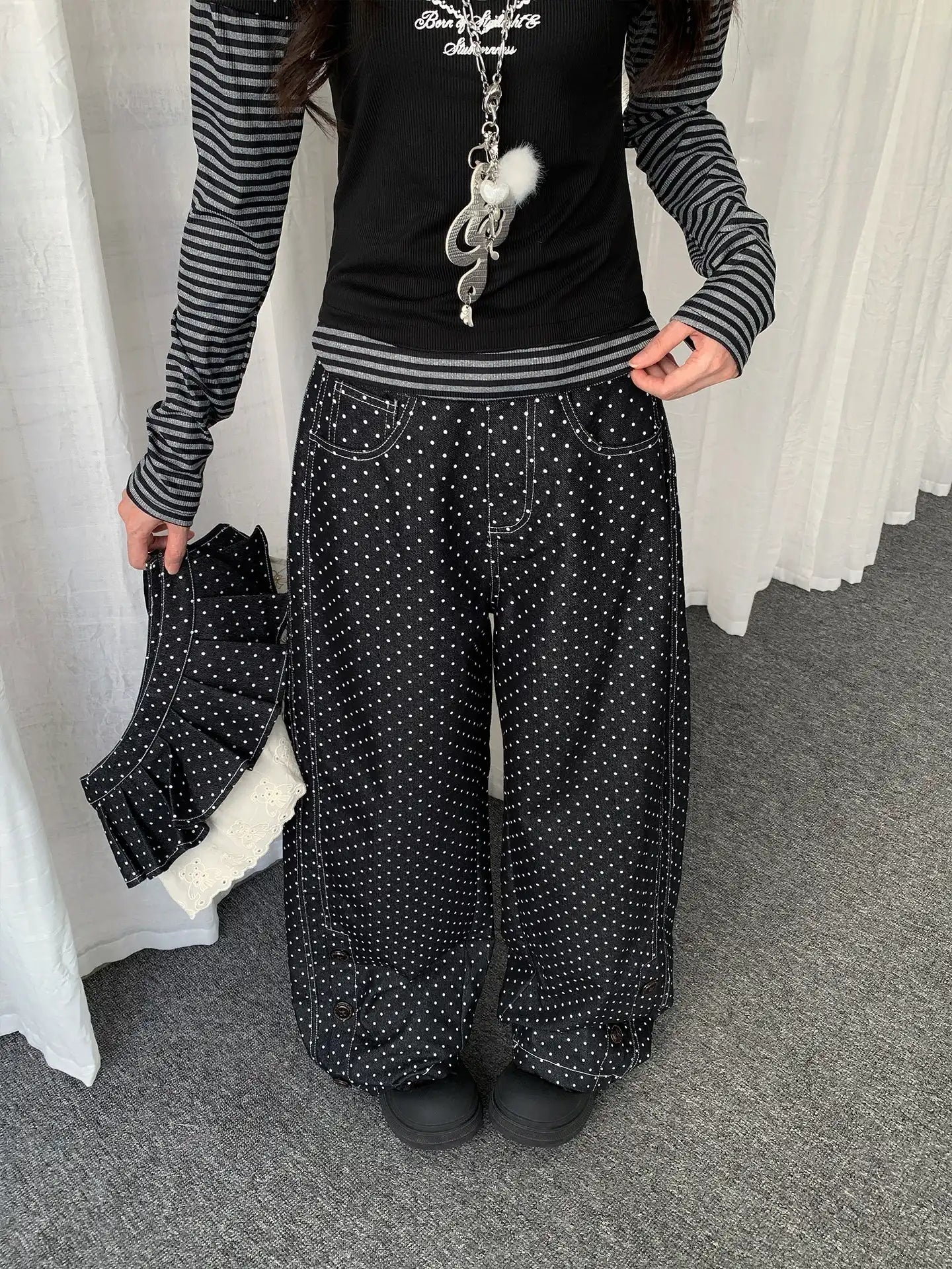 Polka Dot Detachable Skirt Denim Pants OL2275