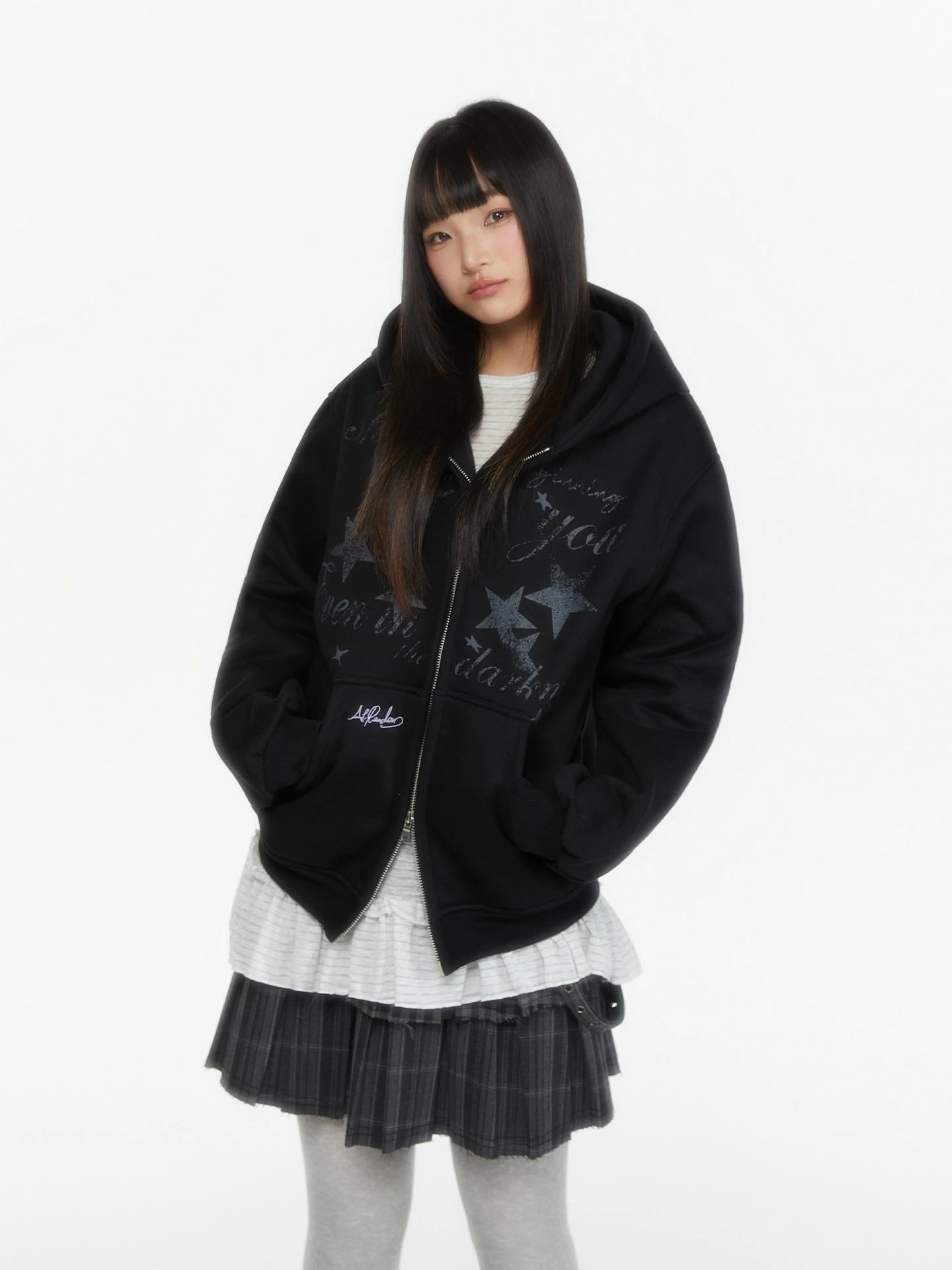 Embroidered Double Zip Oversized Hoodie OL2299