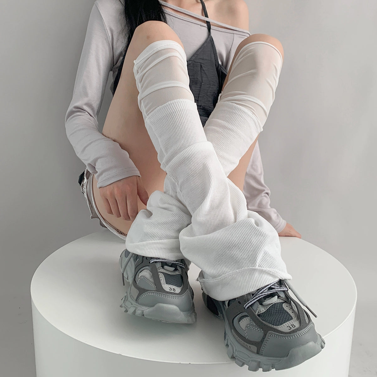 White Mesh Panel Flared Leg Warmers OLA062