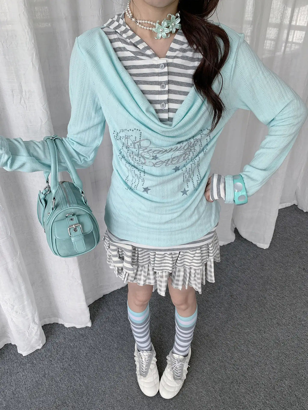 Layered Stripe Cowl Neck Long Sleeve Tee oliviroa オリヴィオラ