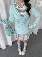 Layered Stripe Cowl Neck Long Sleeve Tee oliviroa オリヴィオラ