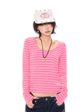 Pink Stripe U Neck Long Sleeve T Shirt oliviroa オリヴィオラ