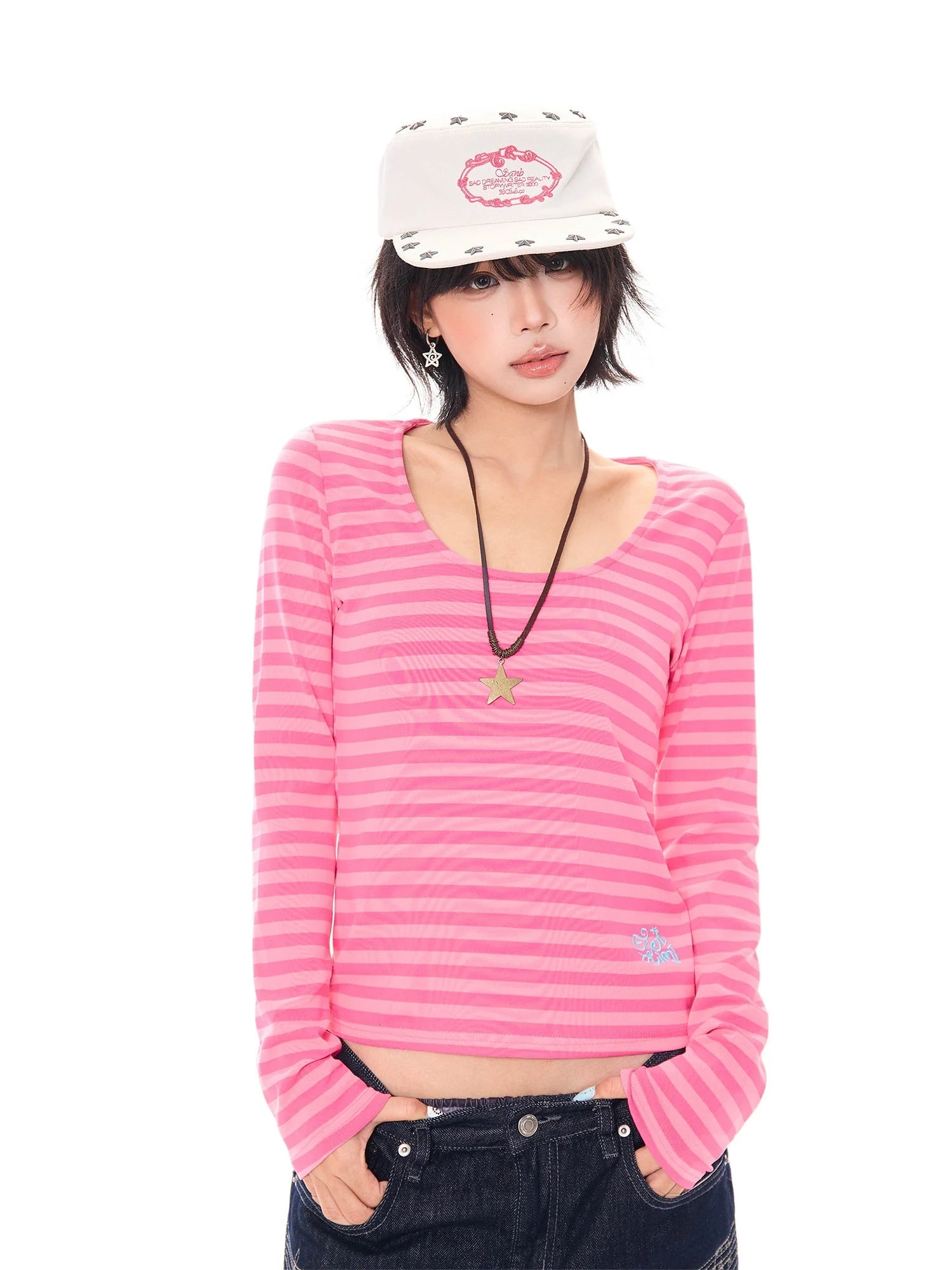Pink Stripe U Neck Long Sleeve T Shirt oliviroa オリヴィオラ