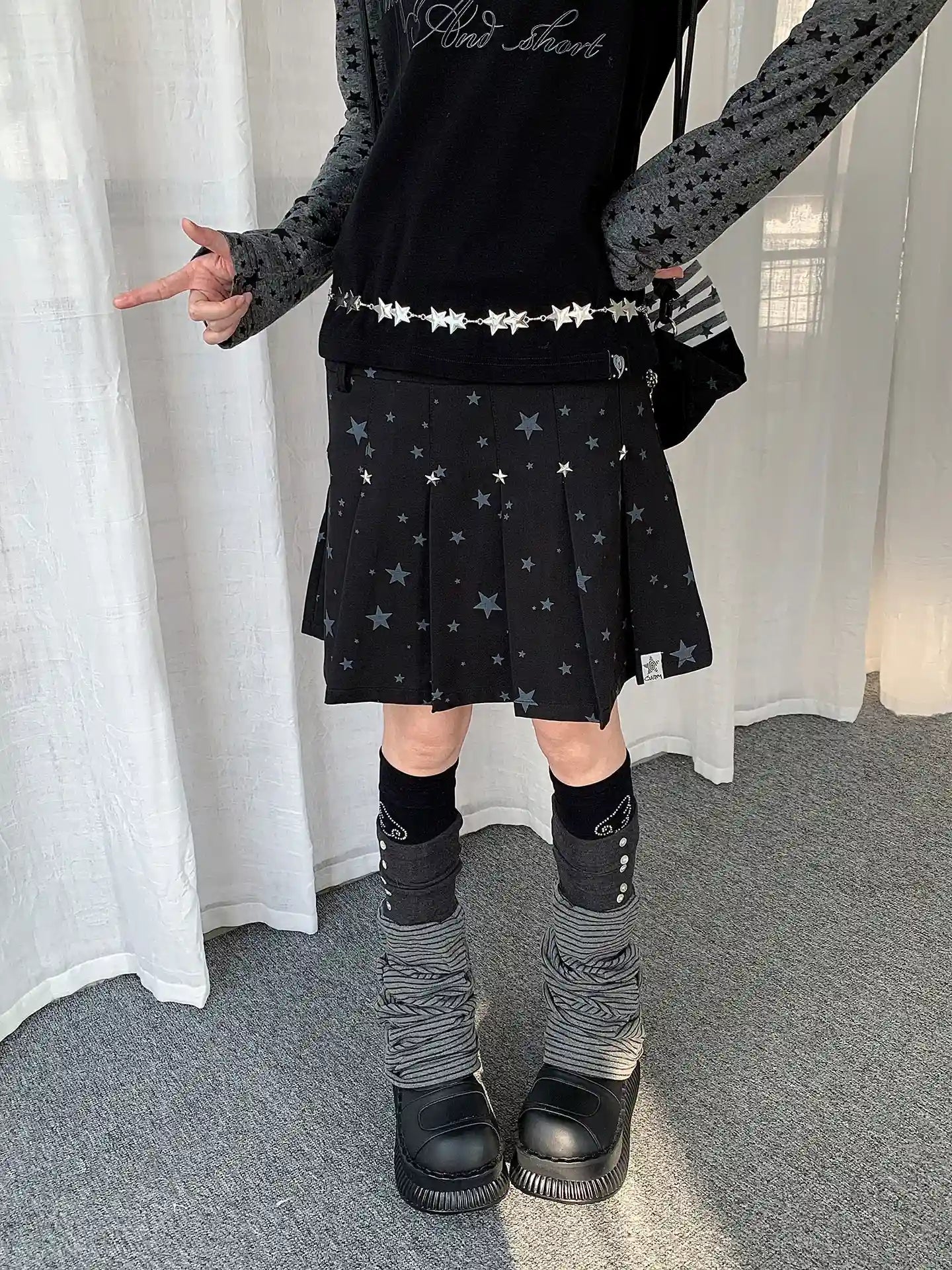 Y2K Star Print Pleated Skirt   OL2238