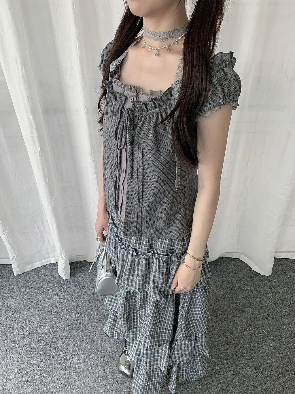 체크 레이스 레이어드 티셔츠 OL2278