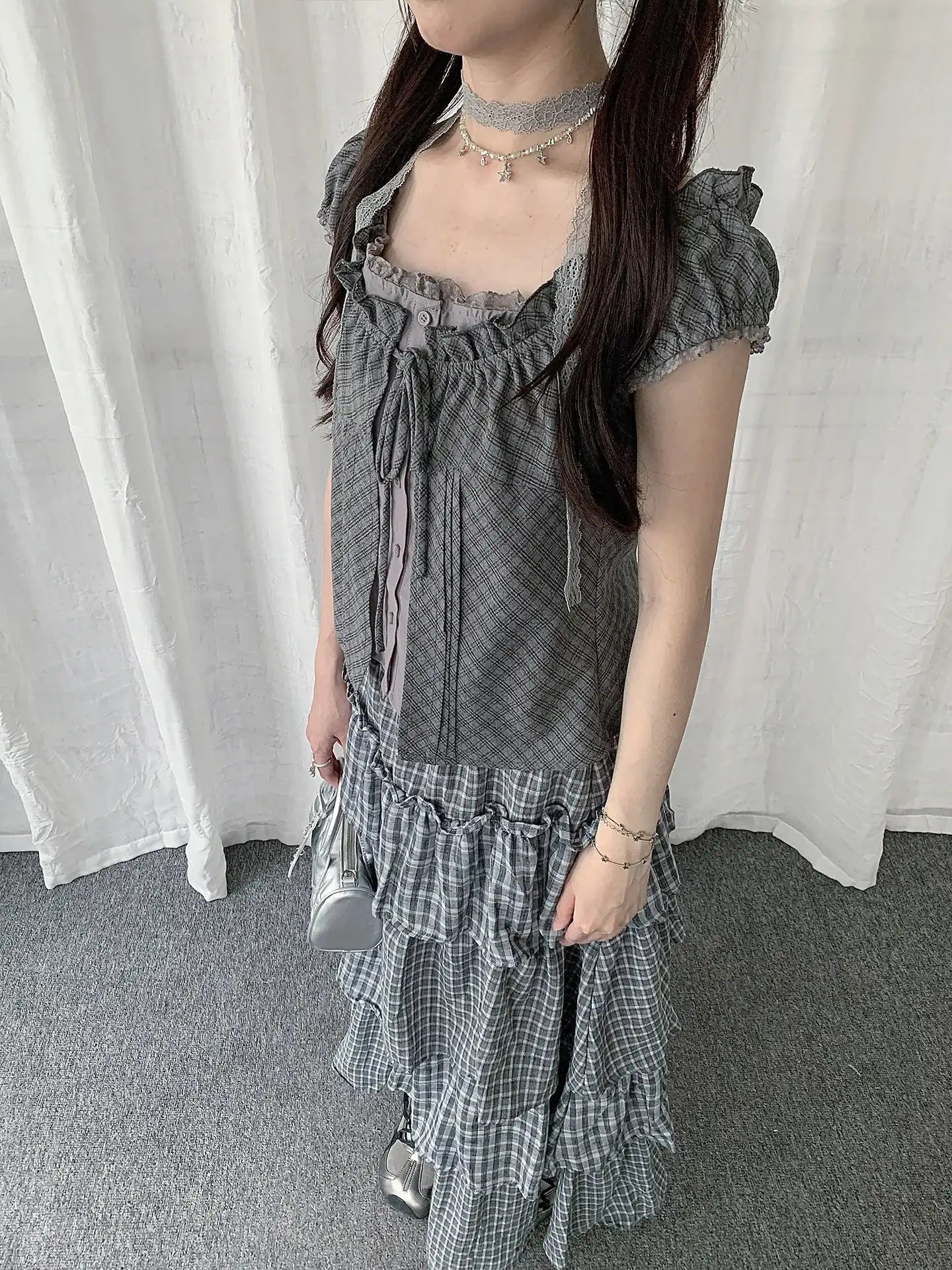 Plaid Lace Layered T-Shirt OL2278