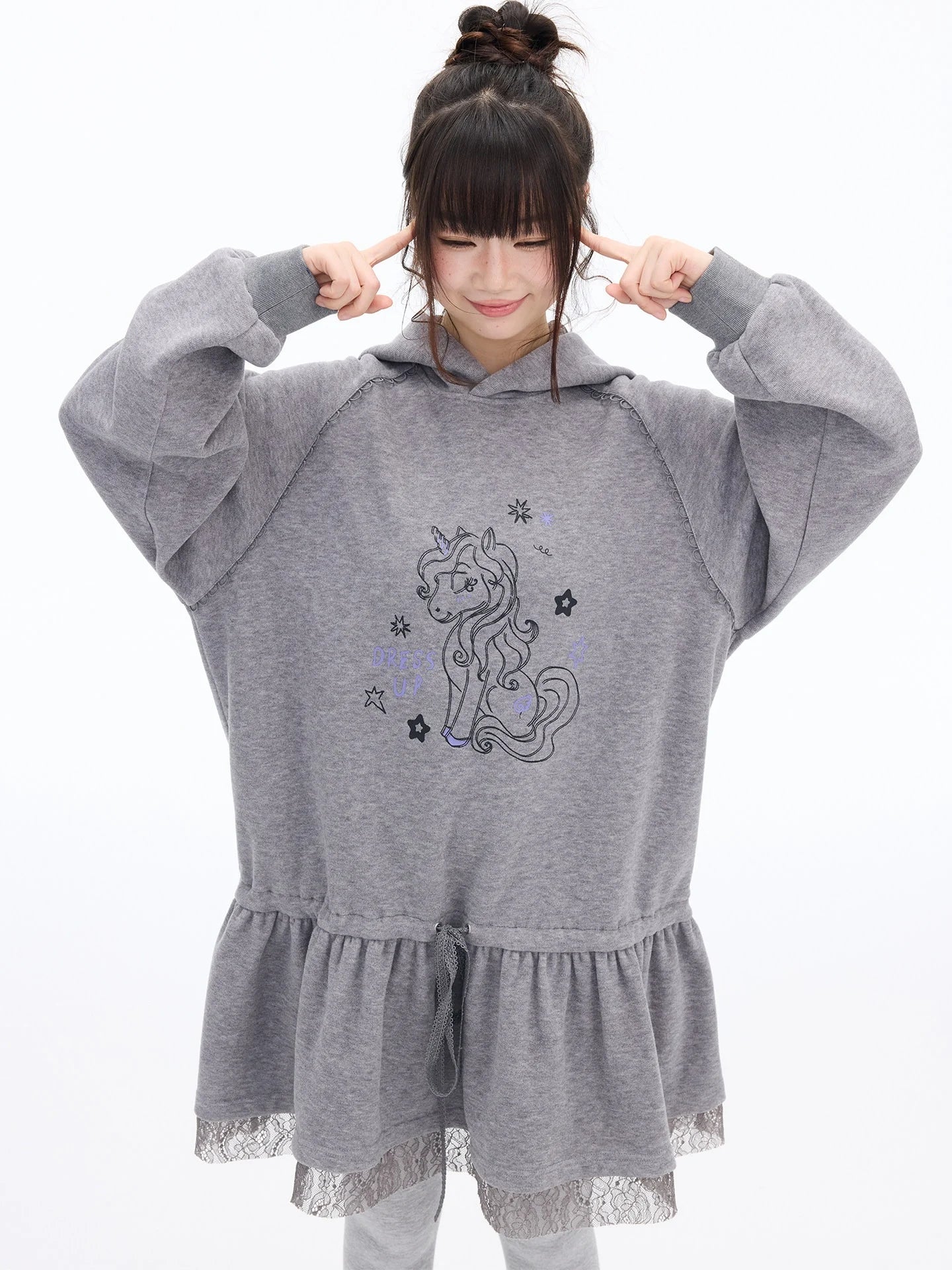 Pony Graphic Long Hooded Sweatshirt Dress OL2398