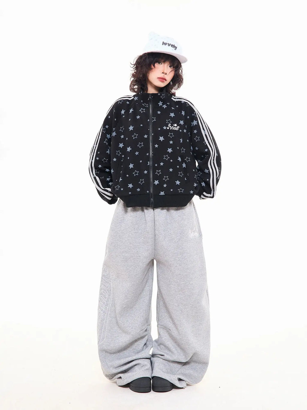 Star Print Oversized Stand Collar Zip Hoodie Cardigan OL2323