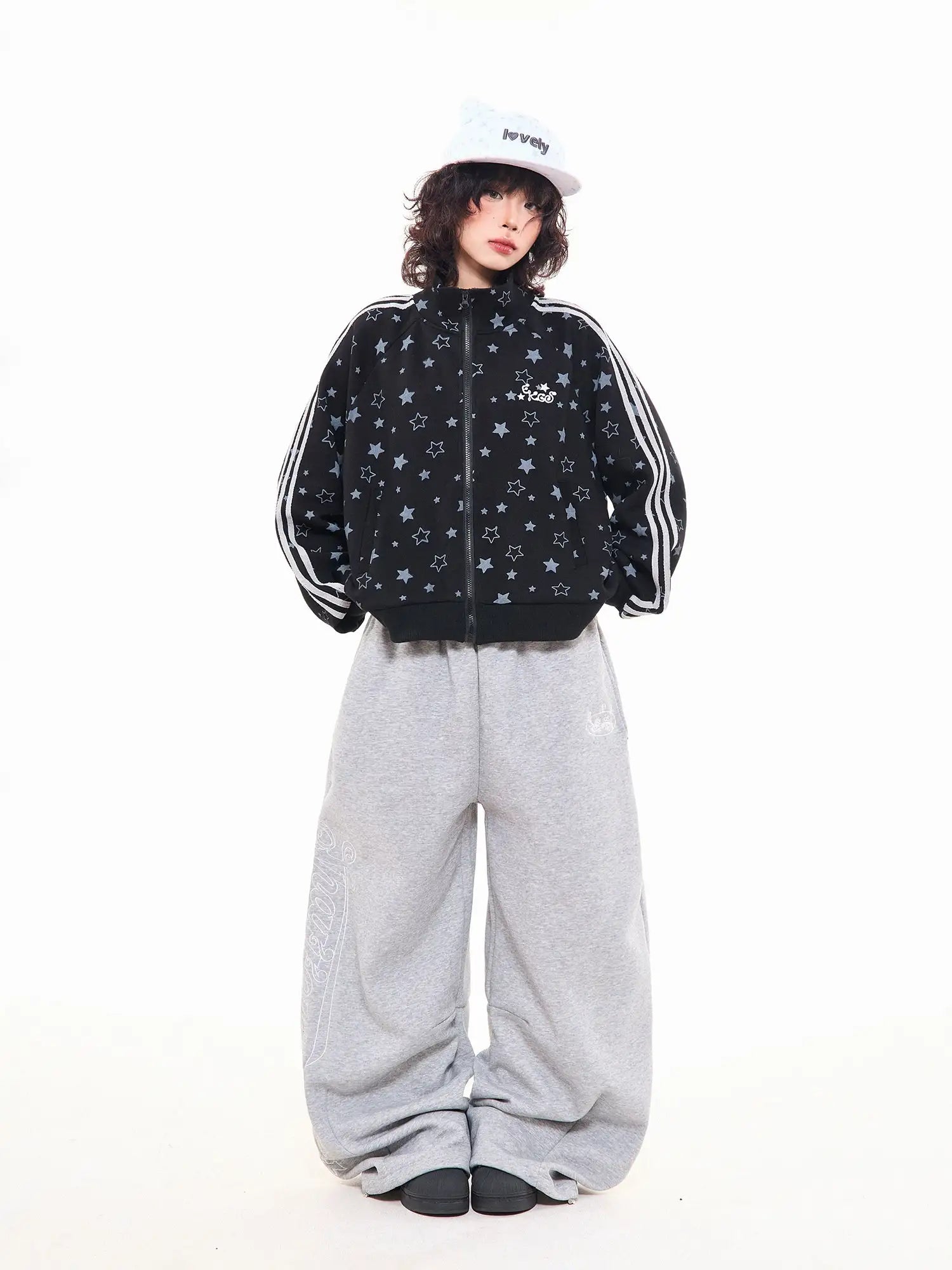 Star Print Oversized Stand Collar Zip Hoodie Cardigan OL2323