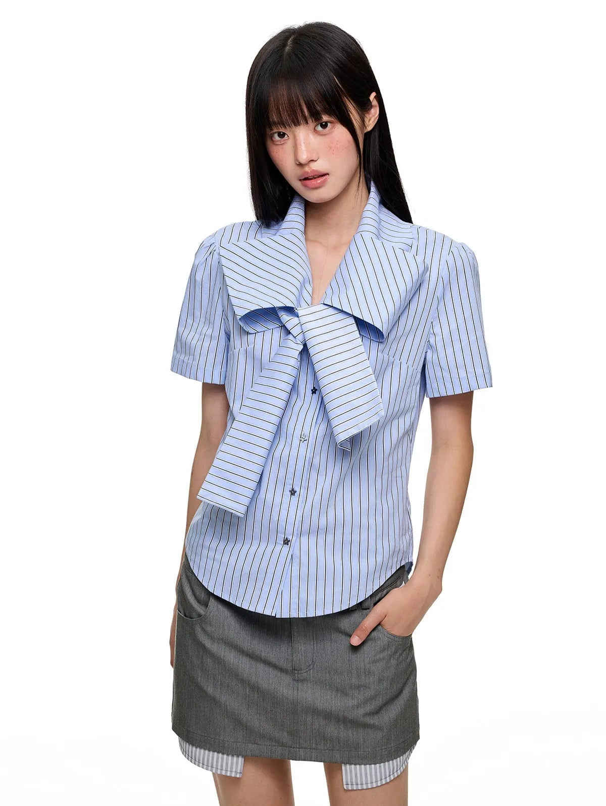 Ribbon Detail Rhinestone Stripe Fitted Shirt OL2267